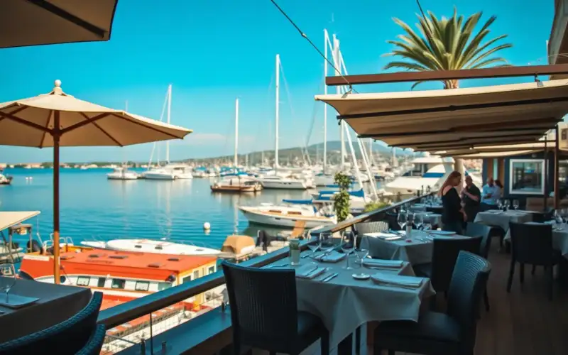 Genießen Sie gehobene Küche und stilvolle Atmosphäre in Limassols moderner Marina mit Blick auf Yachten und Geschäfte